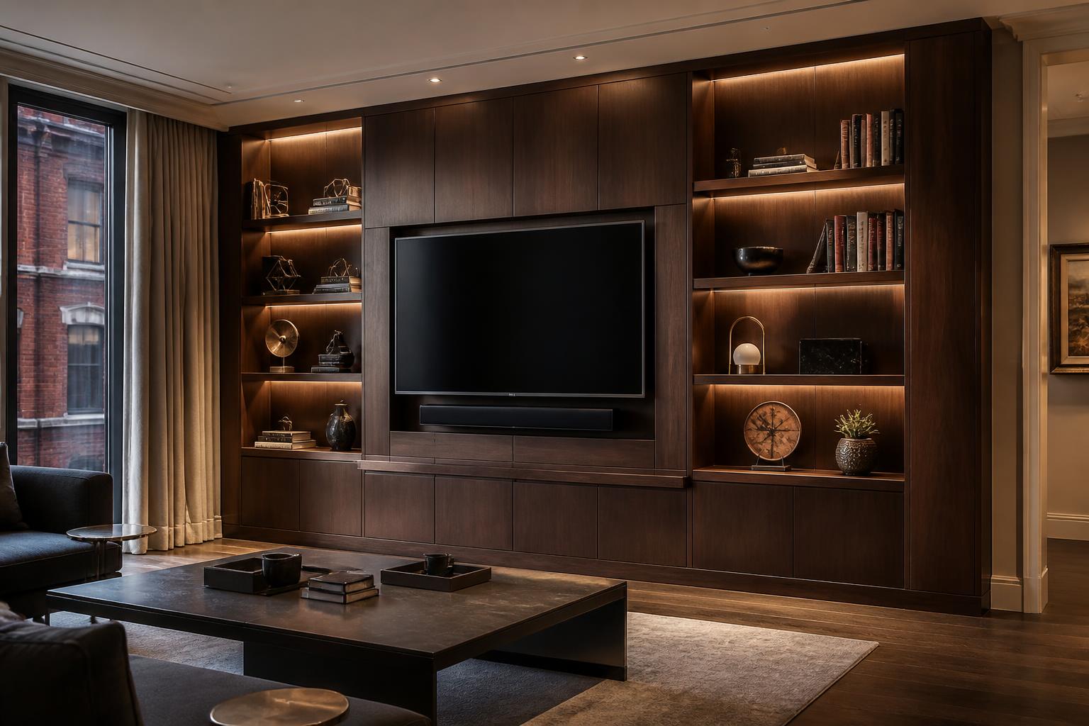 Custom built-in media wall and entertainment center with walnut millwork in a luxury Boston, MA residence