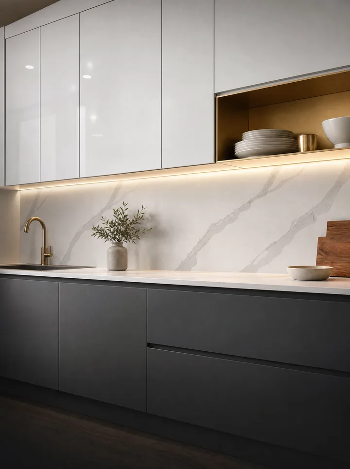 Handleless flat-front cabinets with a lit brass shelf niche