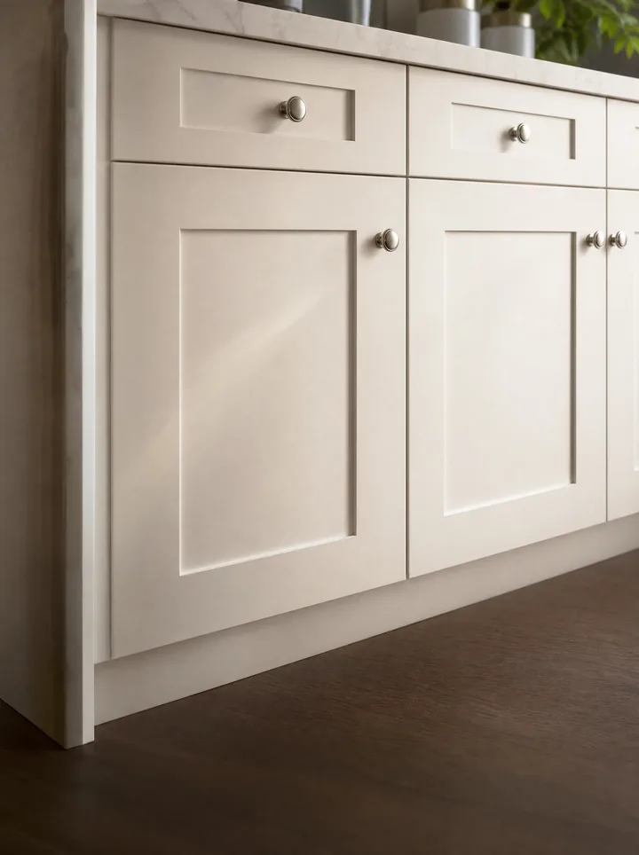White shaker cabinet doors in raking window light