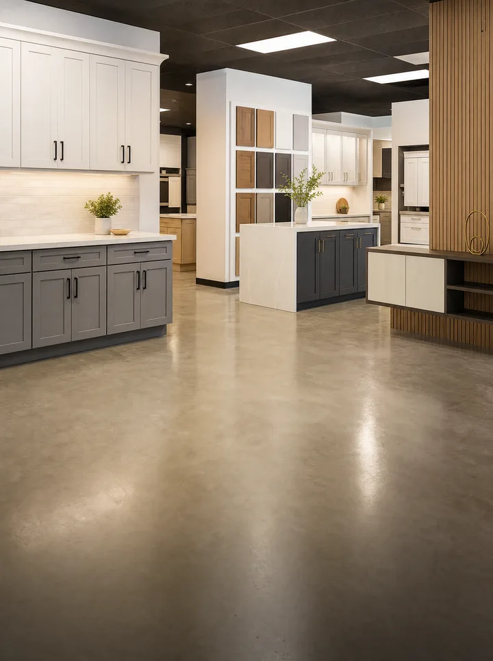 Cabinetry showroom floor with kitchen displays and sample walls