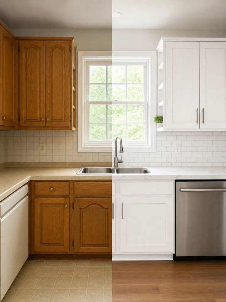 One kitchen split down the middle — dated oak cabinets on the left, the same room with white shaker cabinets on the right