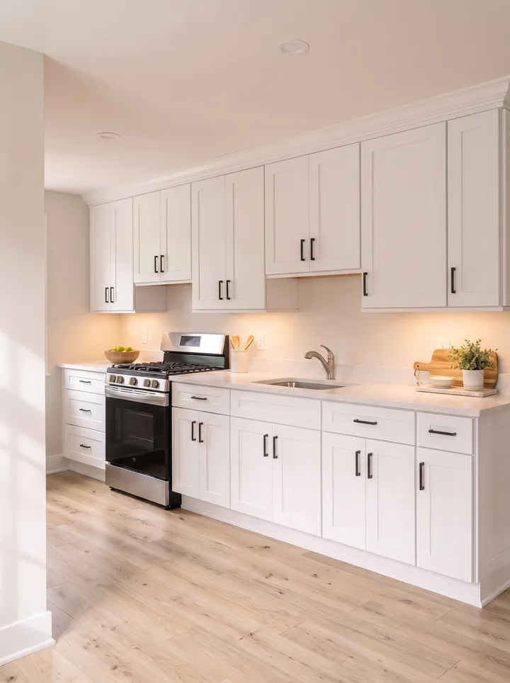A one-wall kitchen: white Shaker cabinets, quartz counter and a stainless range on a single straight wall
