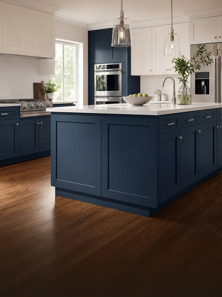 Navy blue shaker island under glass pendants, white shaker perimeter