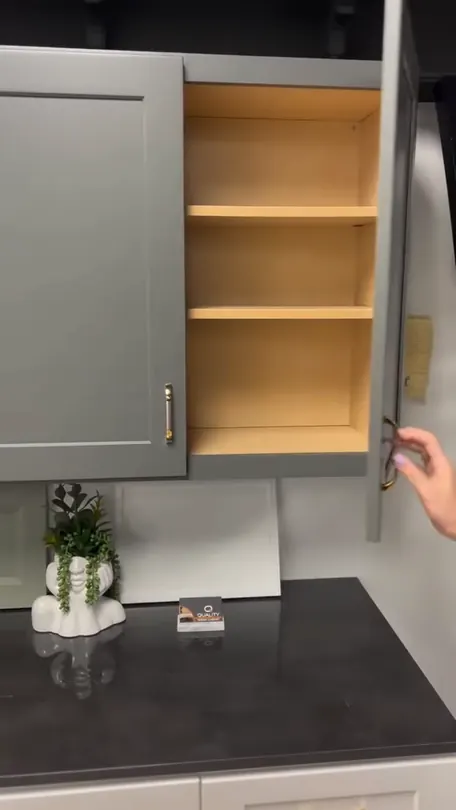 A wall cabinet held open in the showroom, the concealed hinge and the shelf interior in shot