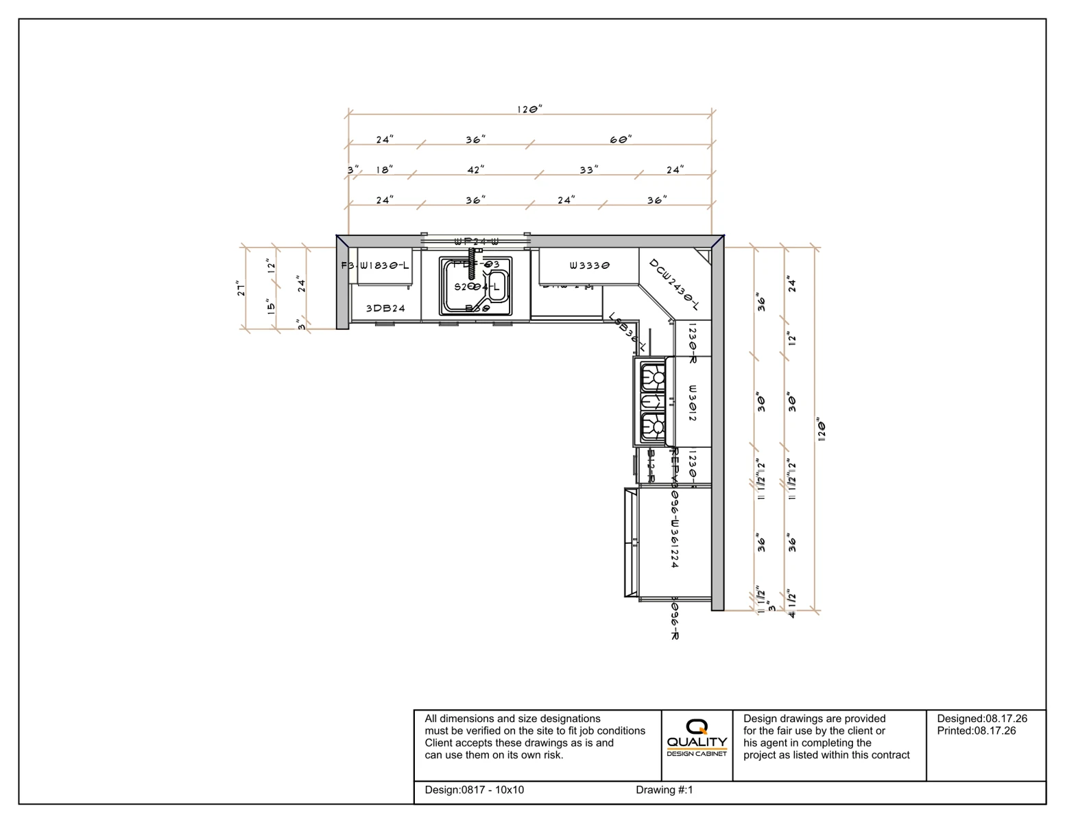L-shaped — dimensioned reference plan
