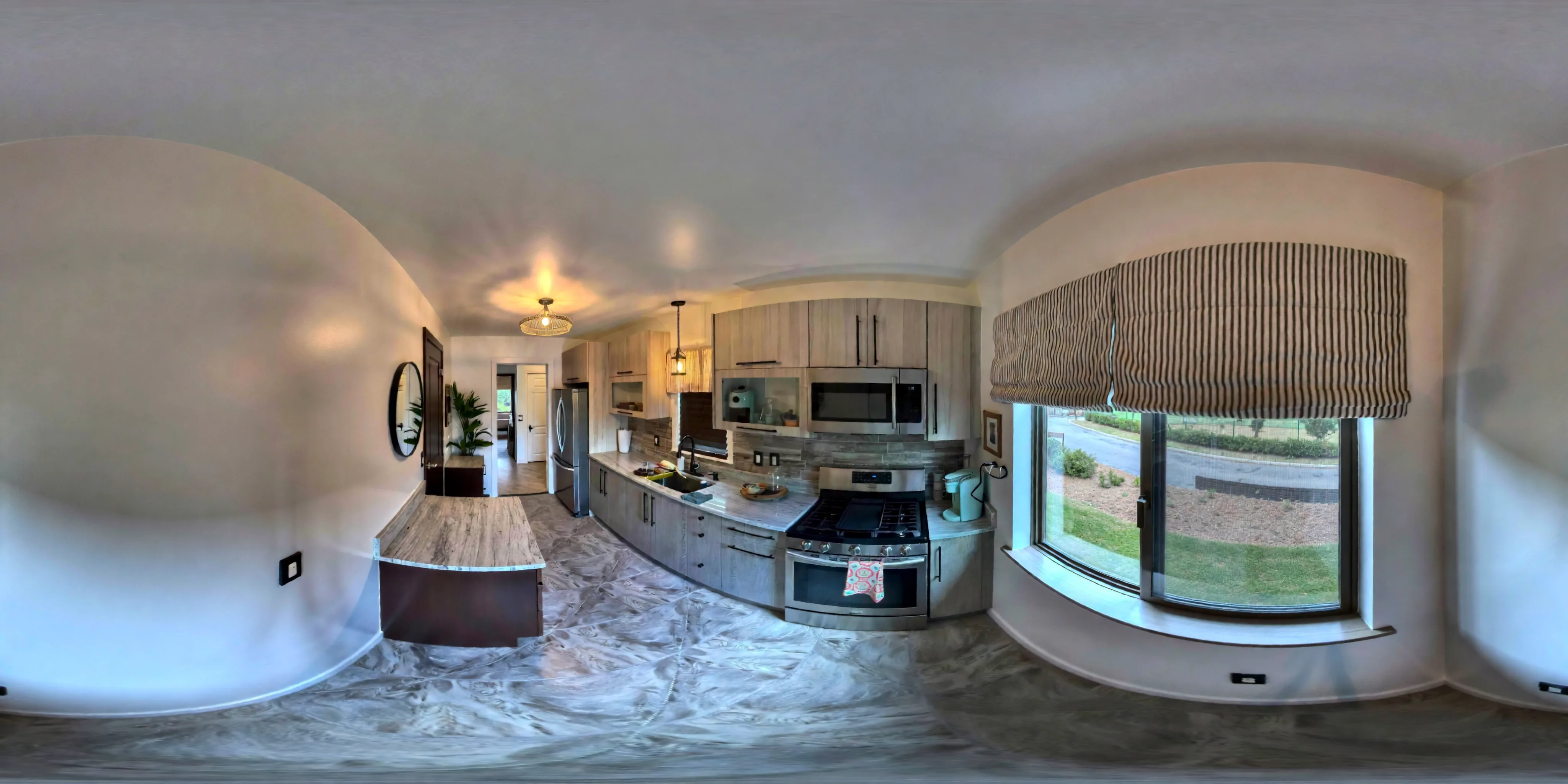 One Wall, Flat-front, reconstructed as a 360 room. A computer reconstruction, not a photograph.