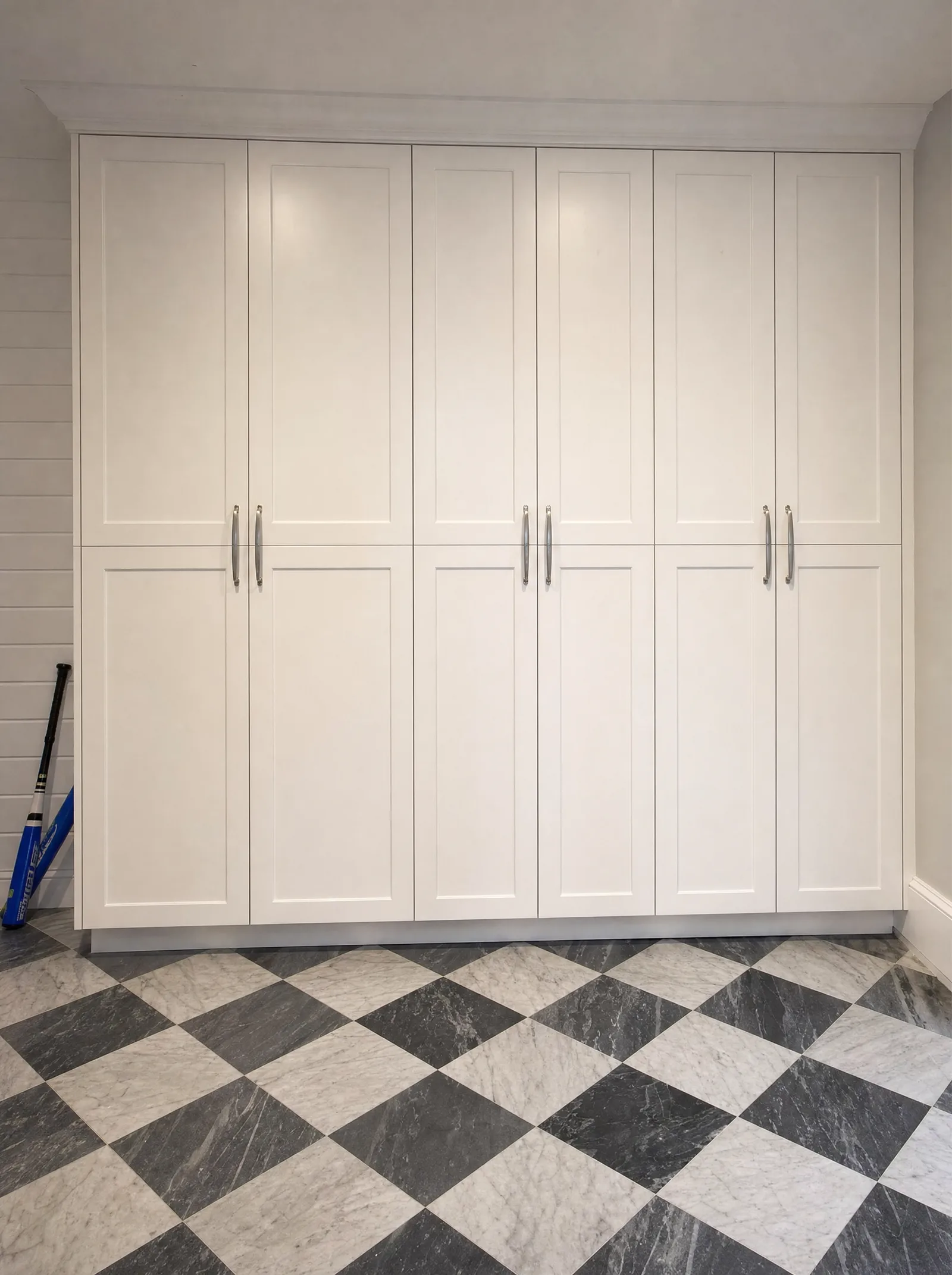 The 10 ft Galley, Shaker White — the run seen from across the room. Generated visualisation, not a photograph.
