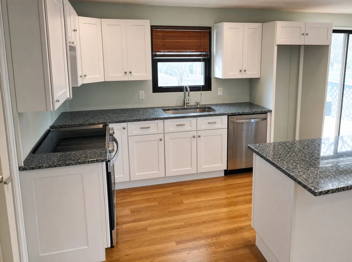 Generated visualisation — The 8 ft Galley, Shaker White. The apartment galley: two eight-foot runs, full-size appliances, and every remaining inch closed with cabinets rather than with a gap.