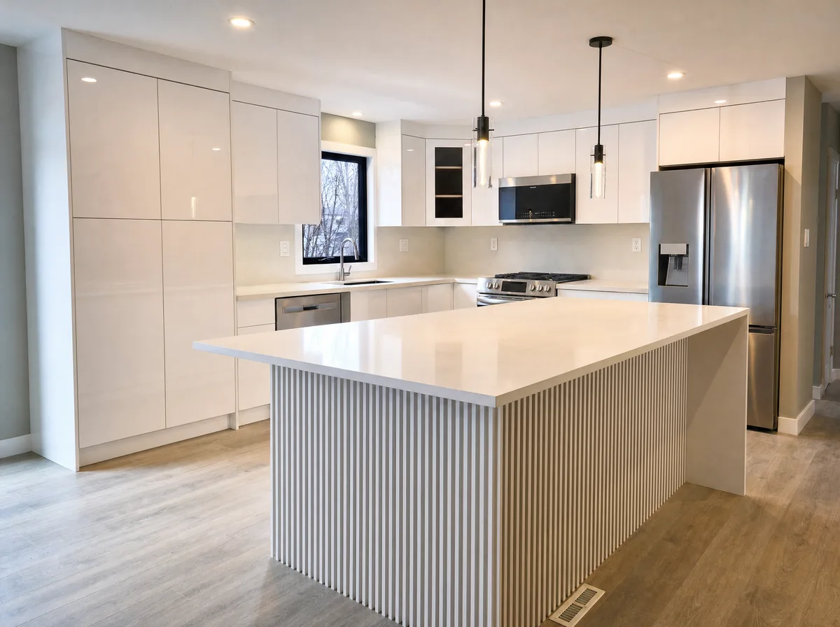 Generated visualisation — The 8 ft Galley, Flat-front. The apartment galley in slab doors: two eight-foot runs, four full-size appliances, and no handle line to break up the front.