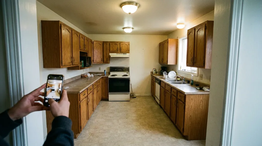 Empty kitchen photographed from the doorway — the first step of the measuring guide