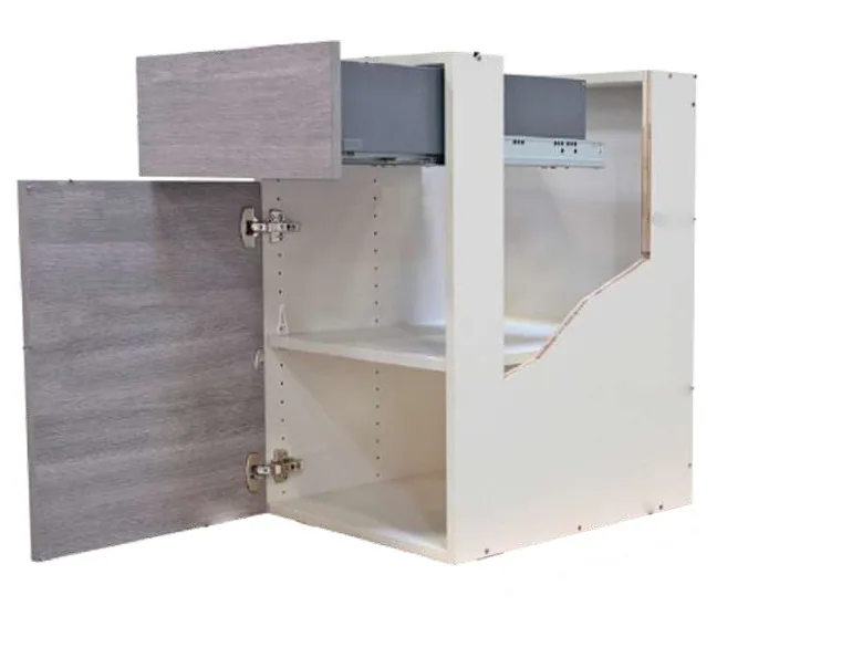 Cutaway of a flat-front base: 3/4 inch plywood box, adjustable shelf and a metal drawer box