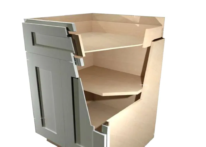 Cutaway of a shaker corner base: solid birch face frame, birch plywood box and two fixed shelves