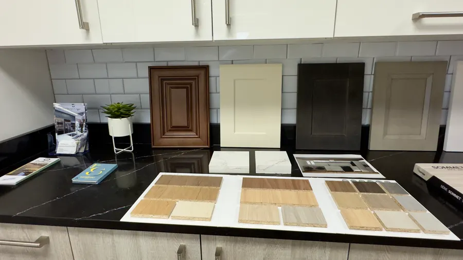 Real cabinet door and material samples at the showroom