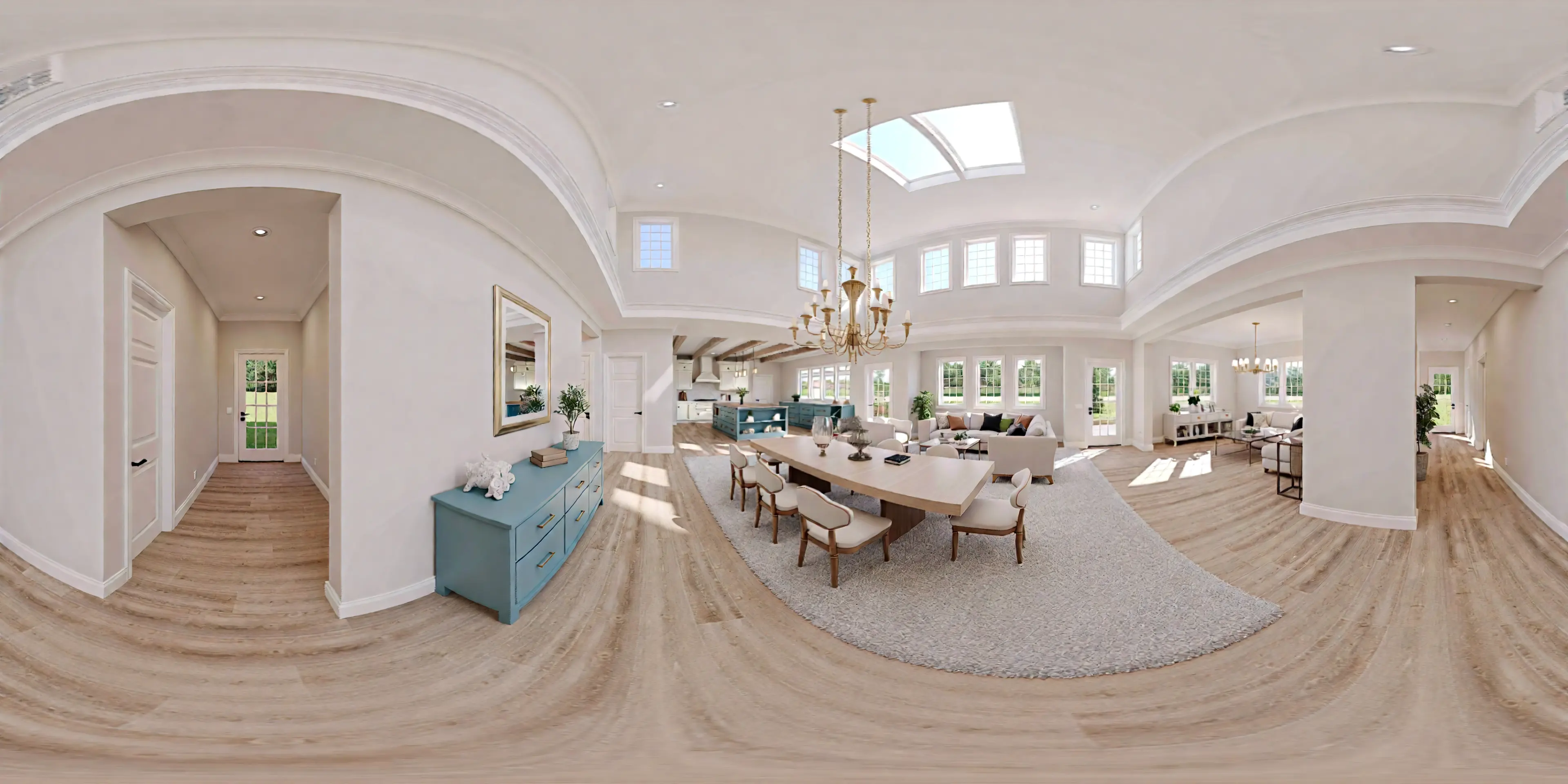 Reconstructed great room, dining table under a chandelier, kitchen at the far end